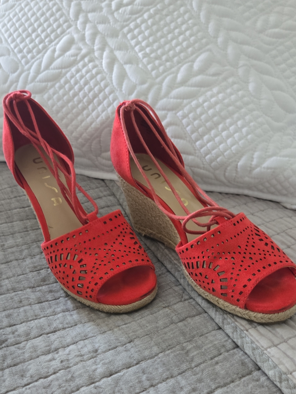 Unisa Red Perforated Suede Espadrille Wedge Sandals